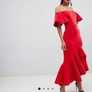 Dramatic Red Off Shoulder Frill Evening Dress